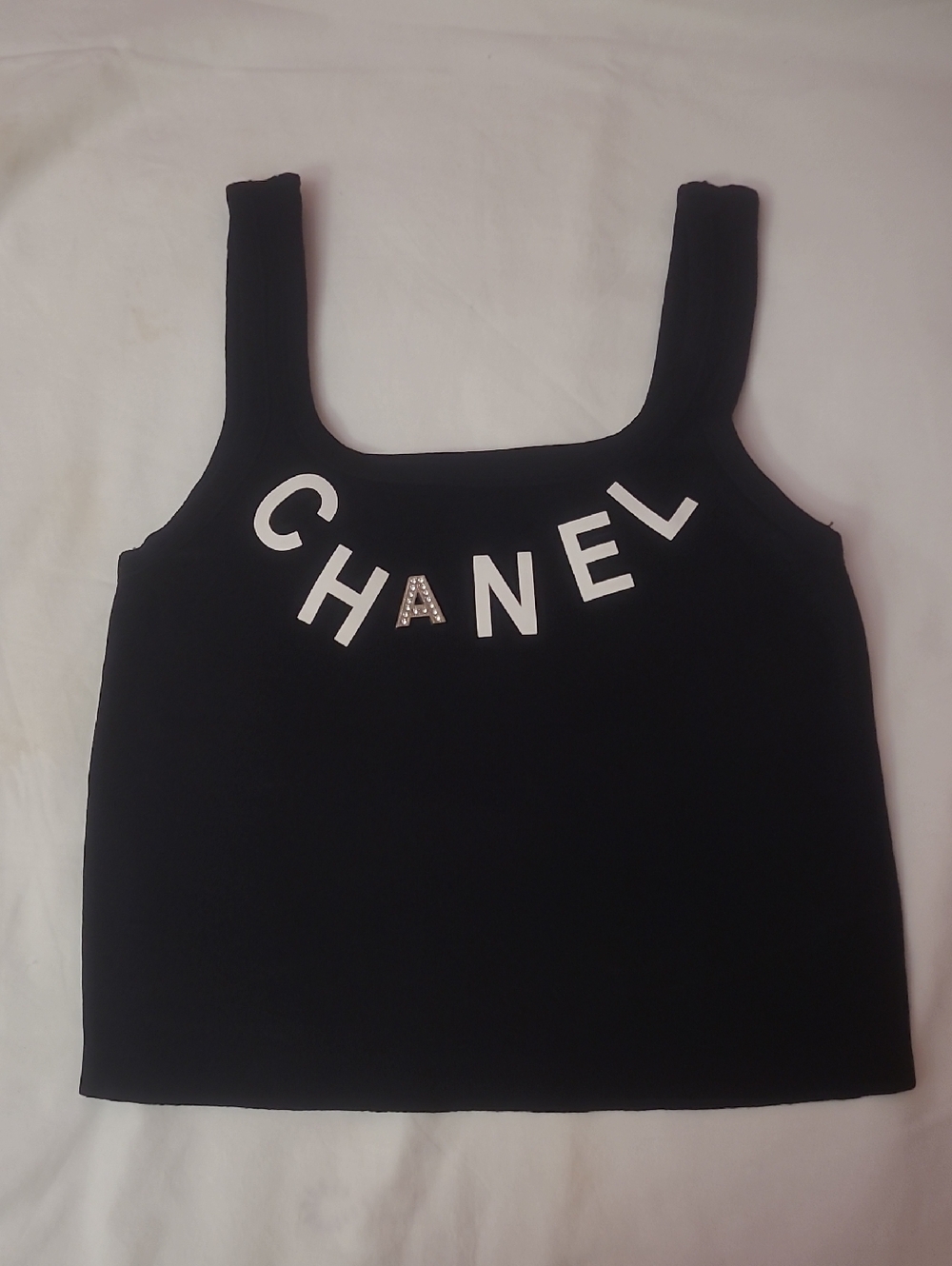 CHANEL Black Tank Top with White Logo and Embellished 'A'